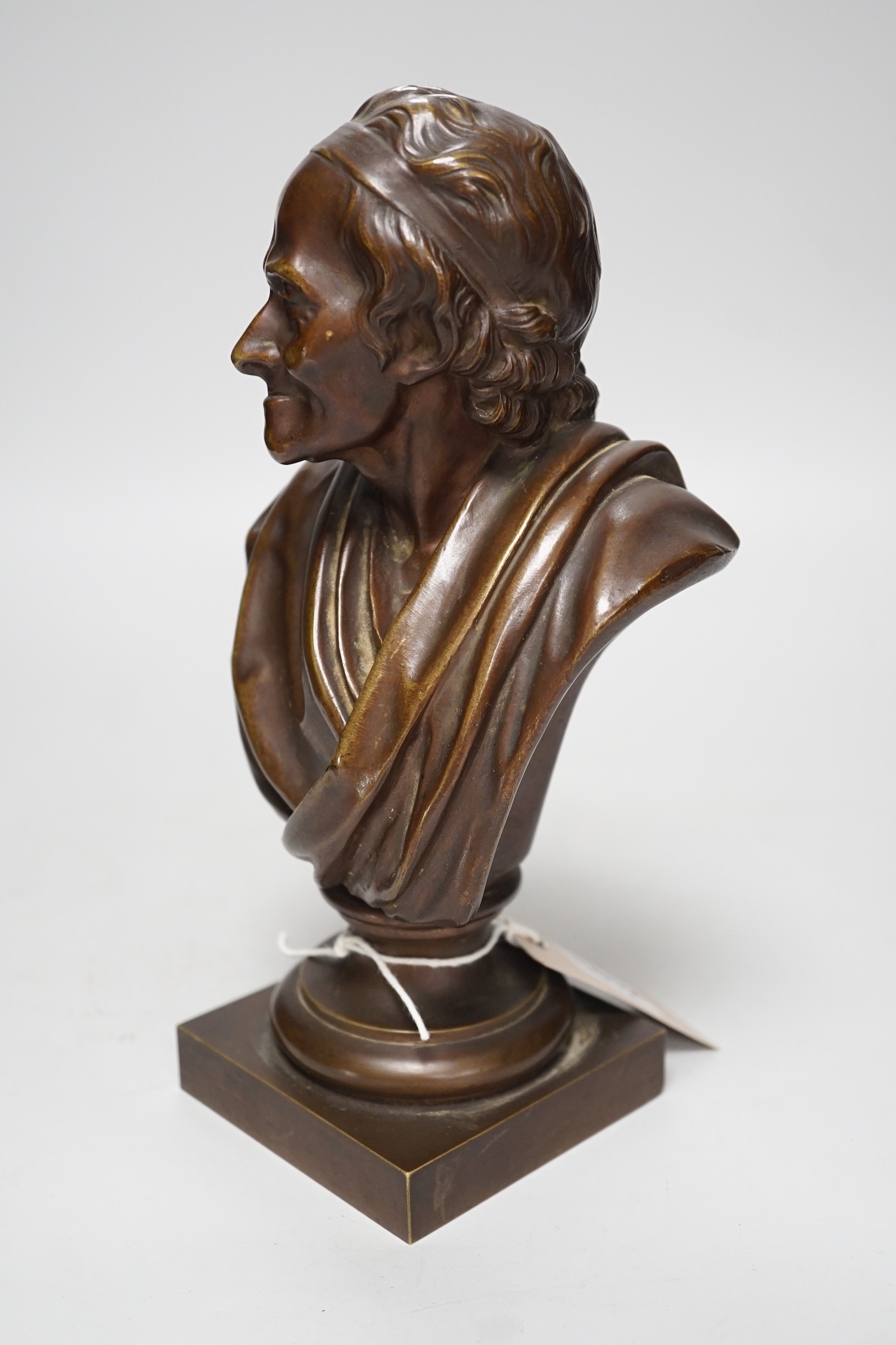 An early 20th century bronze bust of Voltaire, 24cm